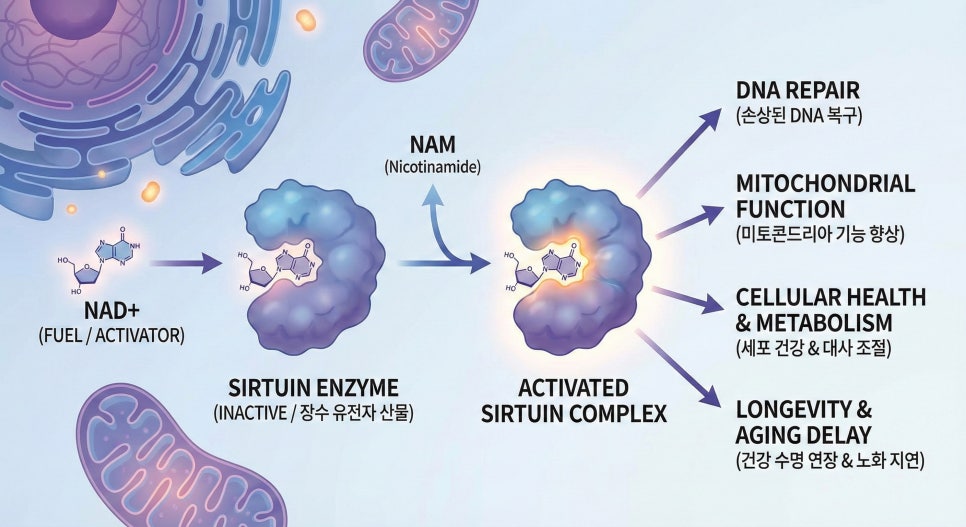NAD⁺를 연료로 시르투인이 활성화되어 DNA 복구·대사·수명 연장에 관여하는 도식