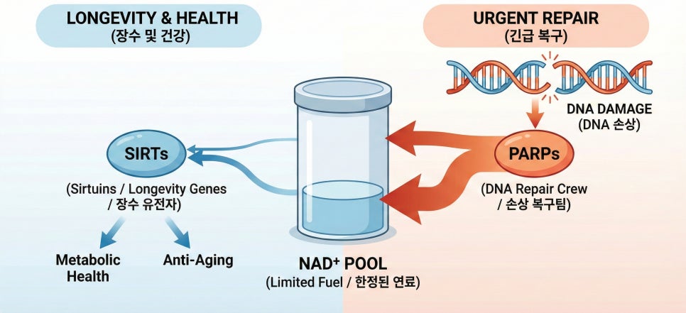 한정된 NAD⁺ 풀을 두고 시르투인(장수)과 PARP(DNA 복구)가 경쟁하는 도식